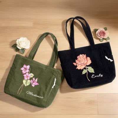 Personalized Birth Flower Corduroy Large Capacity Tote Bag with Name Daily Use Birthday Gift for Women