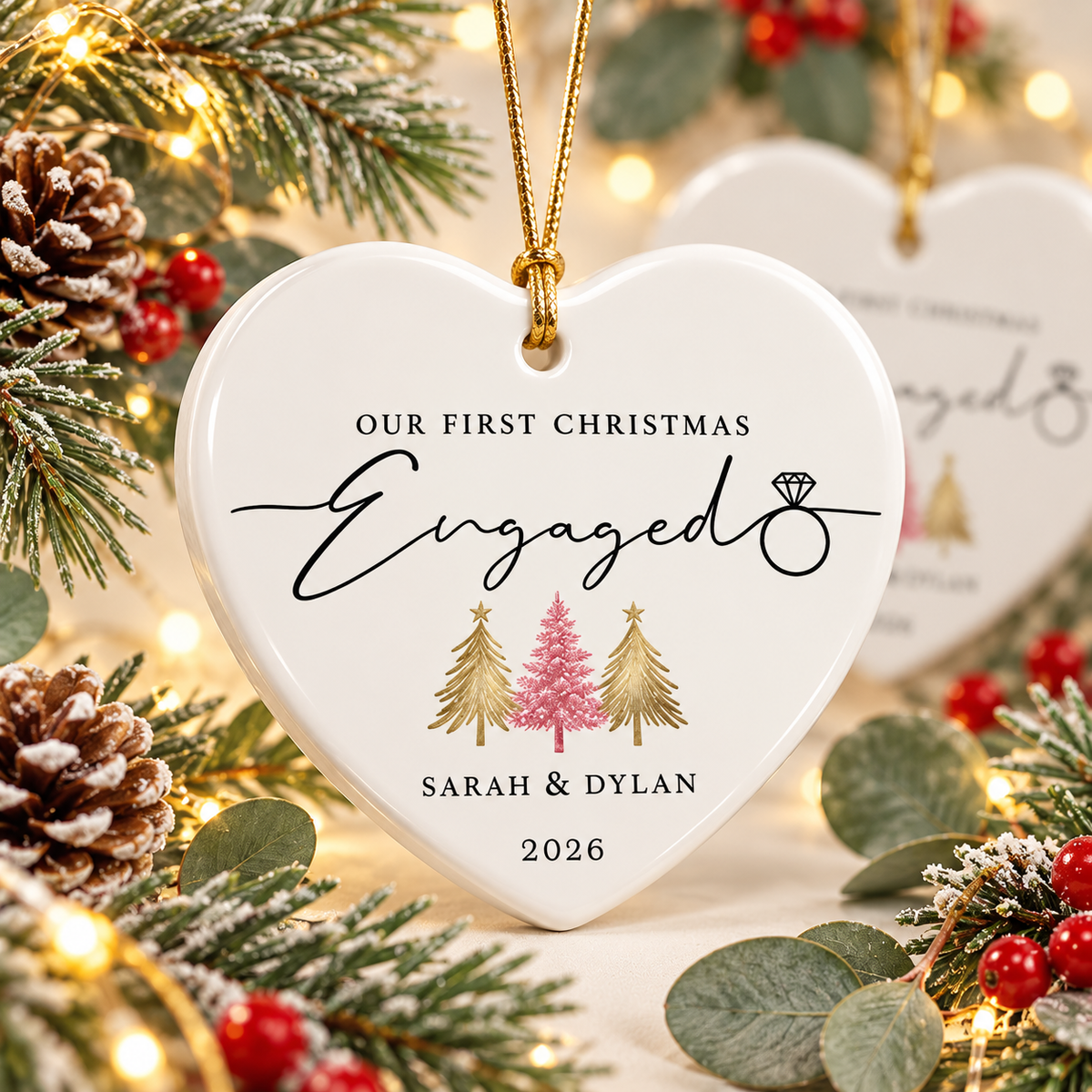 Personalized Engagement Christmas Ornament – Custom Ceramic Round or Heart-Shaped Keepsake with Names & Year, First Christmas as an Engaged Couple Gift