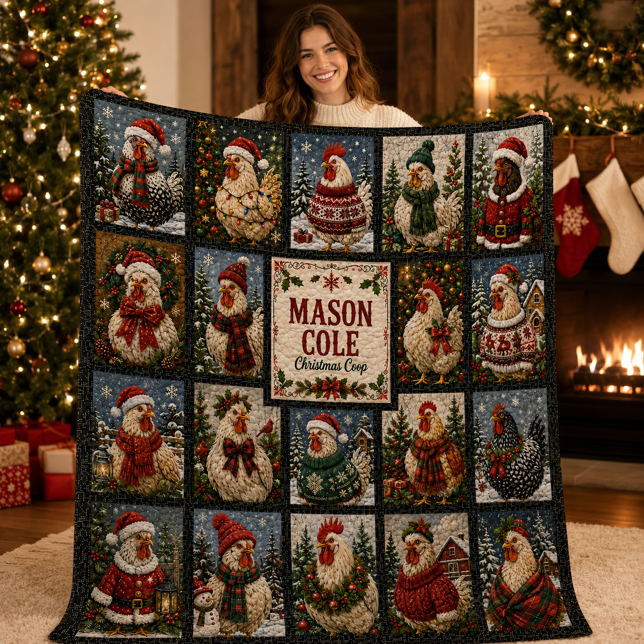 Custom Name Halloween & Christmas Coop Blanket, Funny Farm Rooster Throw Blanket, Personalized Farmhouse Chicken Lover Gift For Chicken Lovers