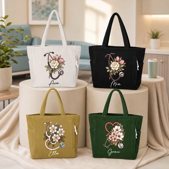 Personalized Nurse Corduroy Tote Bag Custom Name Floral Heart Stethoscope Shoulder Bag Large Medical Work Bag Gift For Registered Nurse