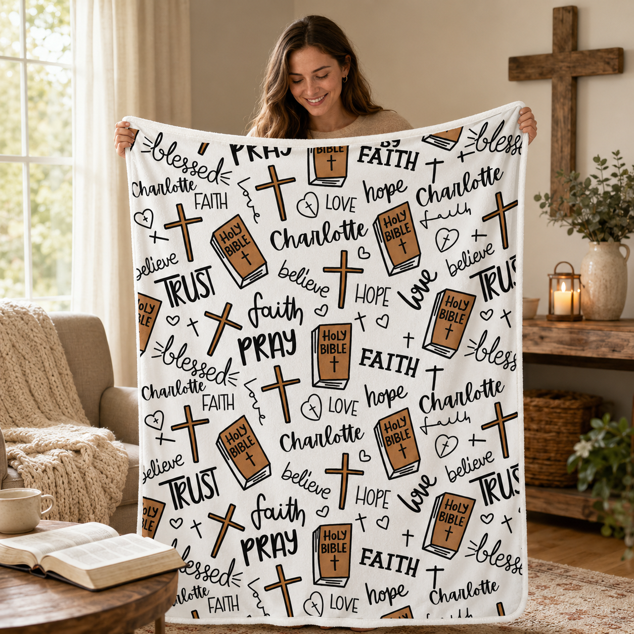 Personalized Christian Faith Blanket | Custom Name Holy Bible Cross Faith Hope Love Religious Blanket