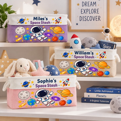 Custom Name Astronaut Galaxy Personalized Storage Basket, Outer Space Kids Toy & Book Organizer, Birthday Gift for Little Space Lover