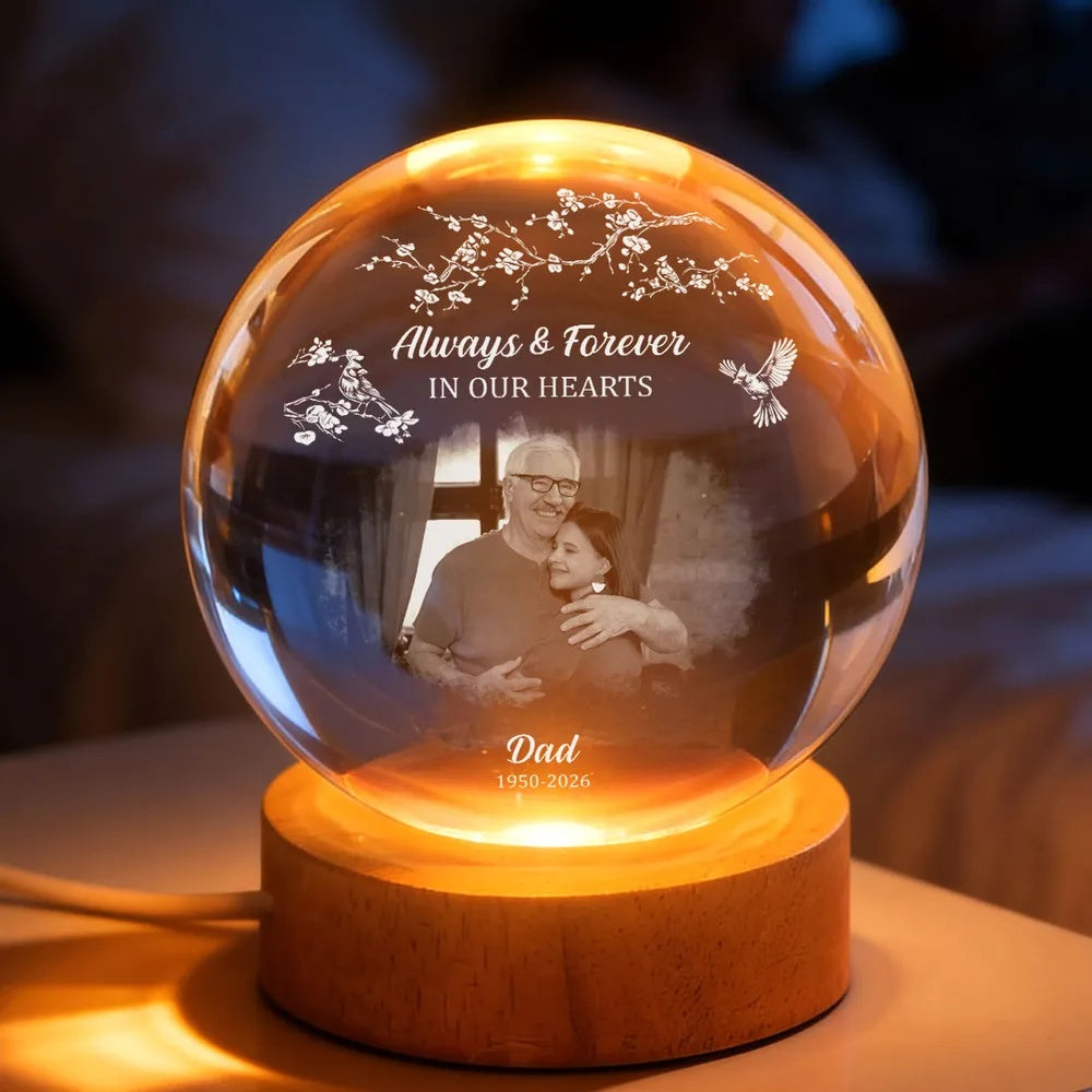 Always and Forever in Our Hearts - Personalized Crystal Ball LED Night Light - Heartfelt Memorial Keepsake, Memorial Gift For Loss Of Father, Mom