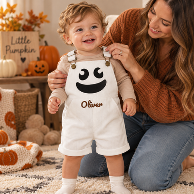 Personalized Toddler Baby Halloween Overalls, Custom Name Sleeveless Ribbed Jumpsuit with Pockets, Pumpkin & Devil Face Pattern Baby Costume Gift For Halloween Party