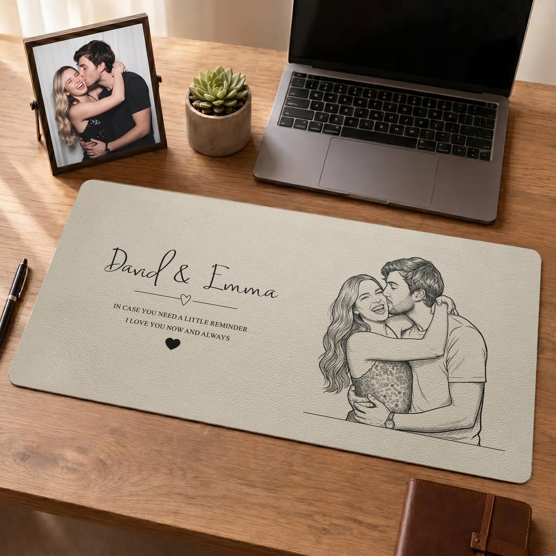 I Love You Now And Always Couple Photo Sketch Line Art - Personalized Desk Mat