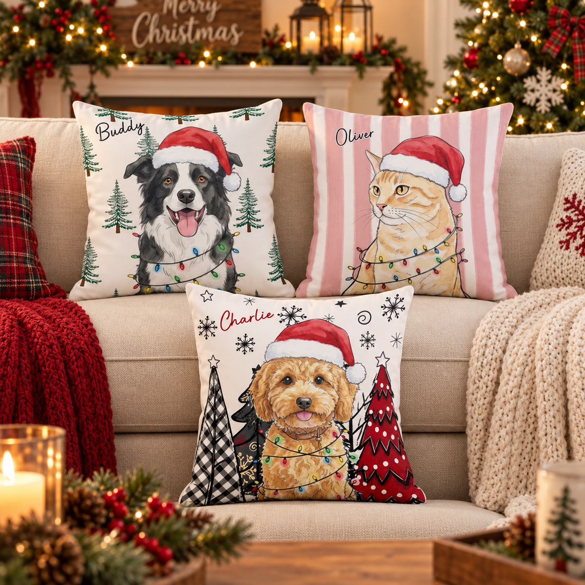 Custom Pet Photo Watercolor Art Christmas Winter Decor Gift - Personalized Pillow