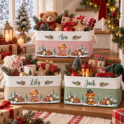 Highland Cow Themed Farm Christmas Decor, Custom Name Rustic Personalized Storage Basket