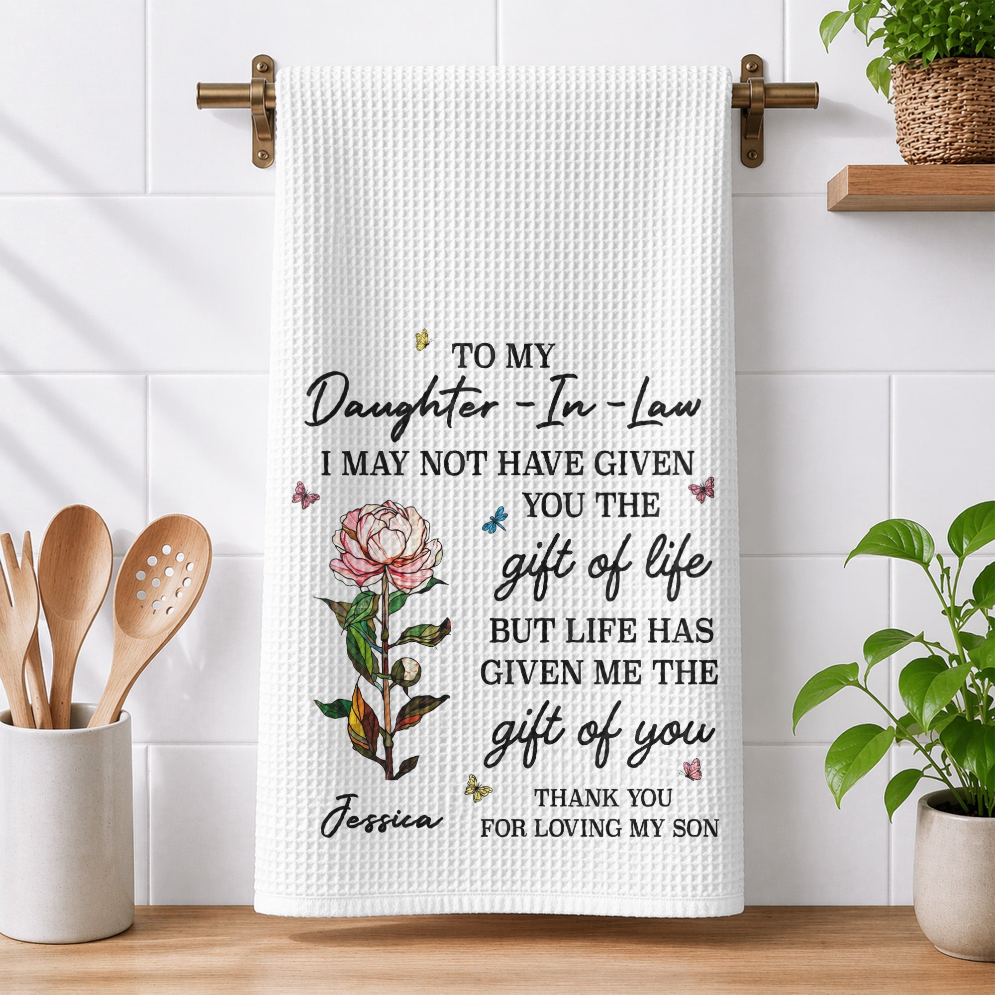 To My Daughter In Law Gift For Daughter In Law, Flower Lover - Personalized Kitchen Towel