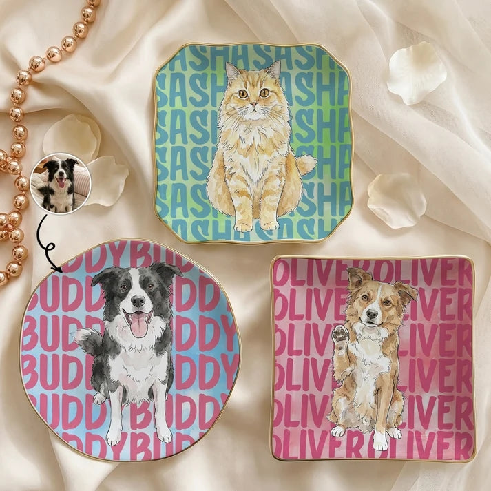 Custom Pet Portrait & Name Watercolor Style - Personalized Jewelry Dish