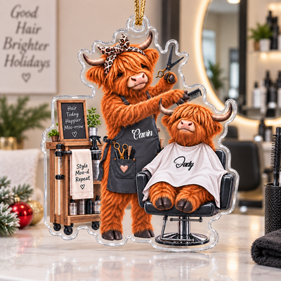 Personalized Hairdresser Highland Cow Acrylic Christmas Ornament, Custom Name Barber Salon Christmas Tree Decoration, Hairstylist Holiday Keepsake Gift