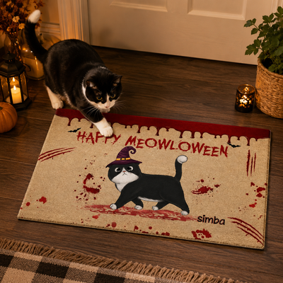 Happy Meowloween Spooky Walking Cat - Personalized Doormat