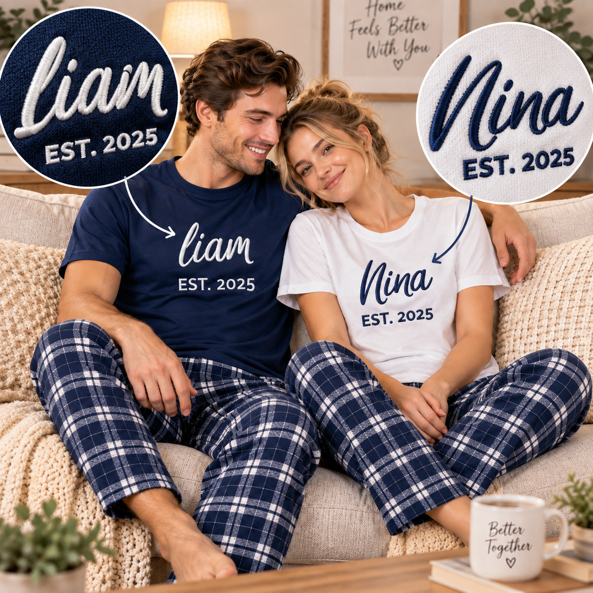 Personalized Couple Pajama Set – Custom Name Embroidery & Est. Year, Wedding and Honeymoon Gift for Couples