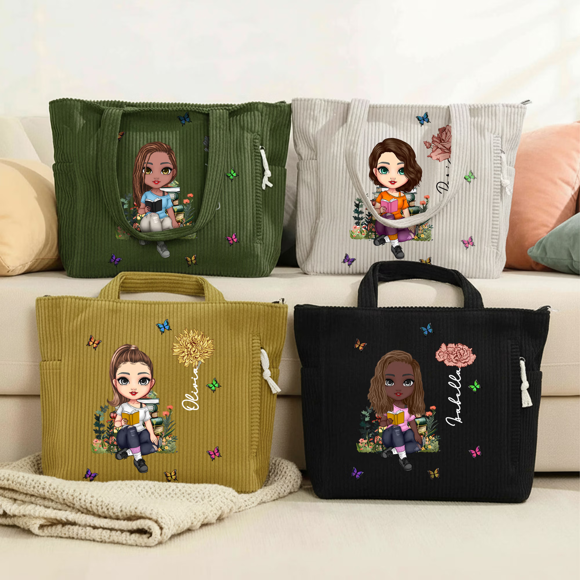 Personalized Cartoon Reading Character Birth Flower Large Capacity Corduroy Tote Bag with Name Travel Essential Birthday Gift for Book Lover Bookworm