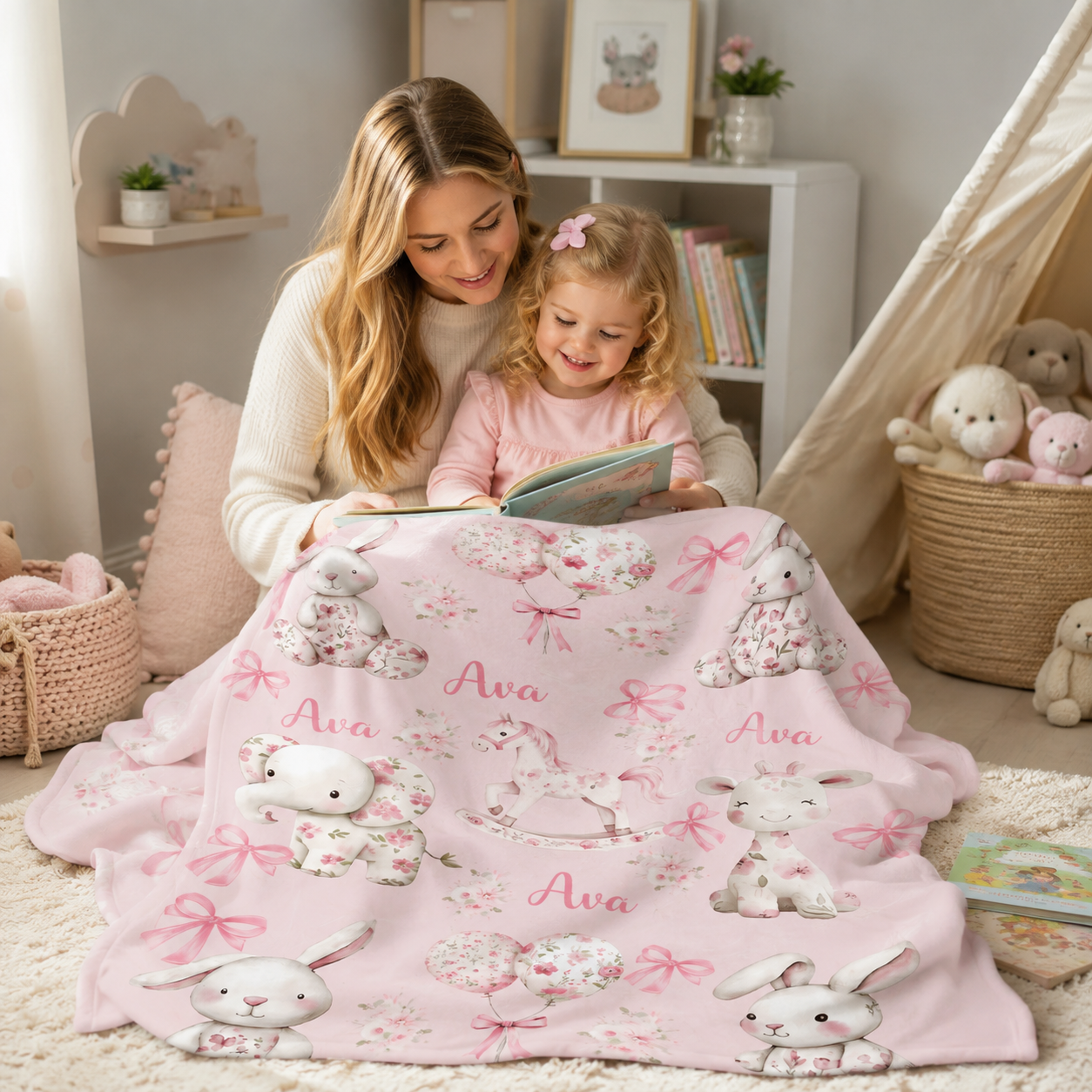 Personalized Floral Bunny Elephant Pink Bow Soft Throw Blanket with Name Nursery Decor Easter Birthday Gift for Kids Girls