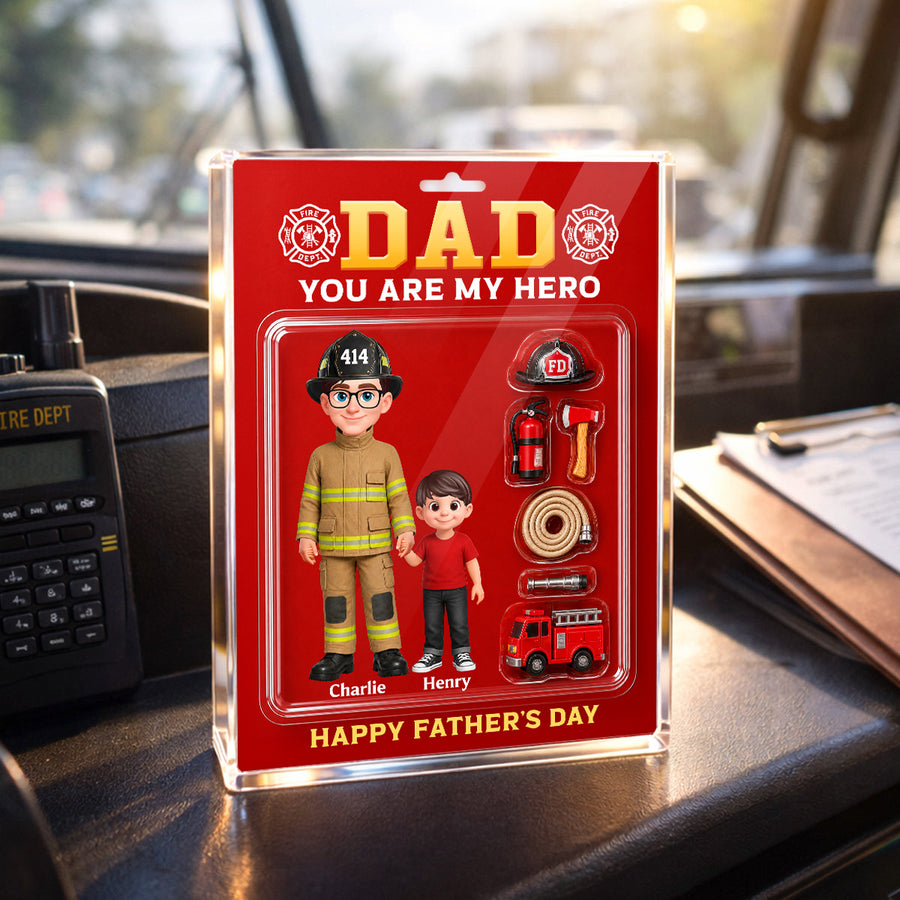 Proud Firefighter Dad You Are Our Hero Custom Figure Style - Personalized Acrylic Block Plaque - Father's Day Gift For Dad, Husband