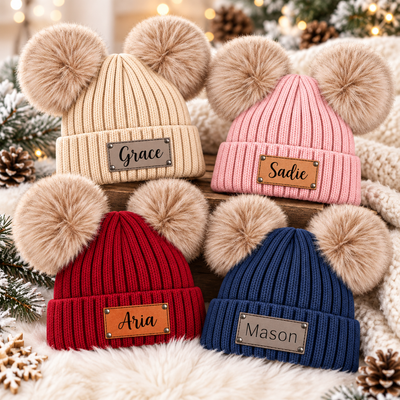 Personalized Name Beanie Hat – Custom Knit Pom Pom Winter Hat, Christmas Gift for Kids & Adults