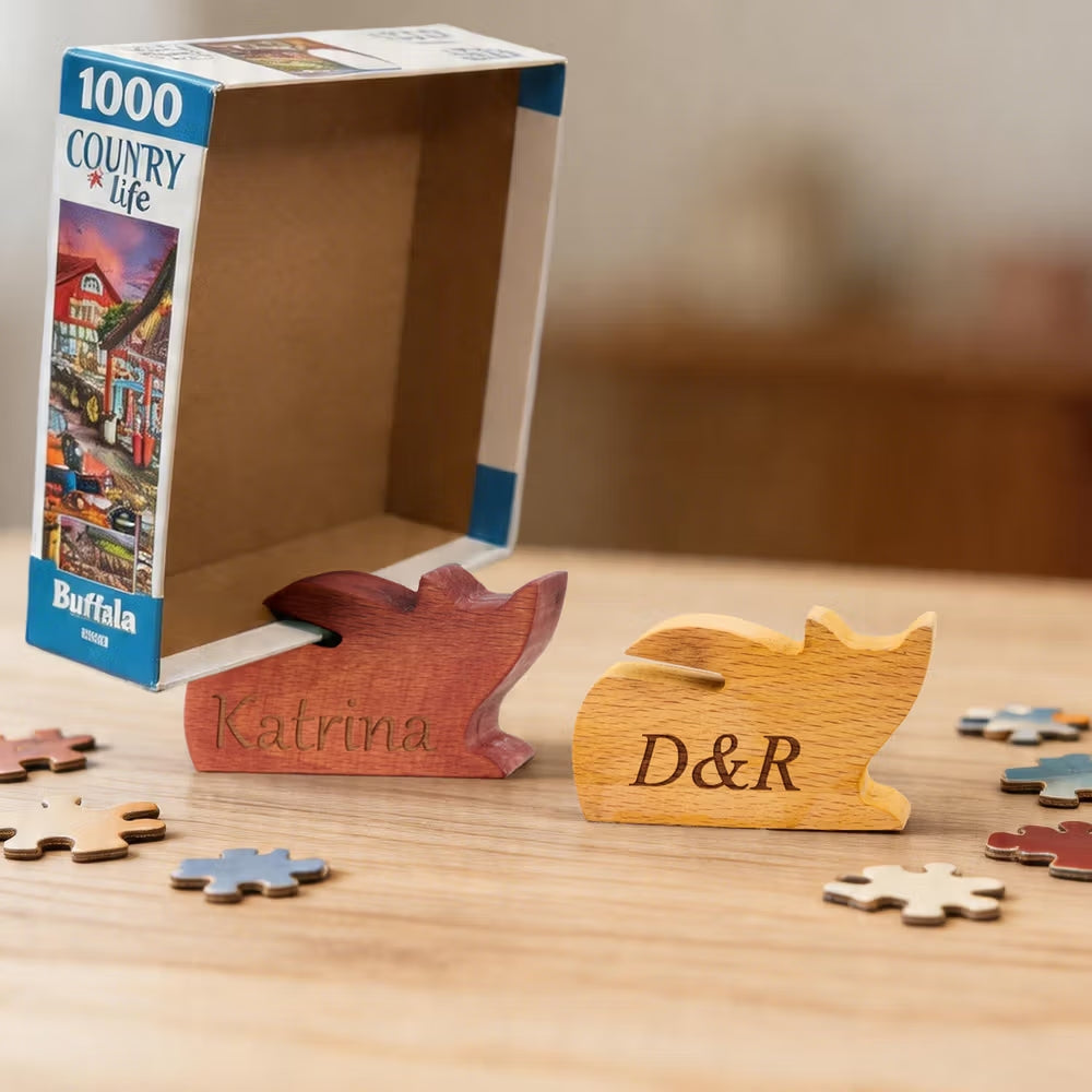 Personalized Cute Cat Shape Wooden Jigsaw Puzzle Box Lid Holder with Engraved Text Jigsaw Puzzles Tool Birthday Game Night Gift for Puzzle Lovers