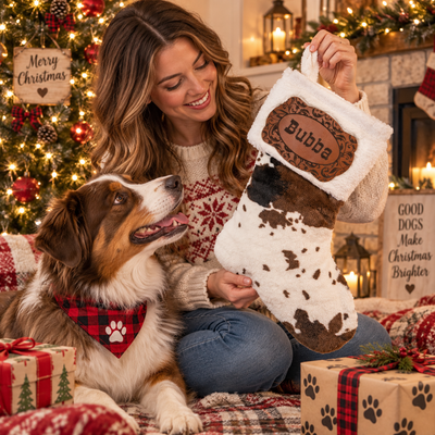Personalized Cowboy Christmas Stocking – Western Cow Print & Custom Name Leather Patch, Christmas Decor Gift for Family & Kids