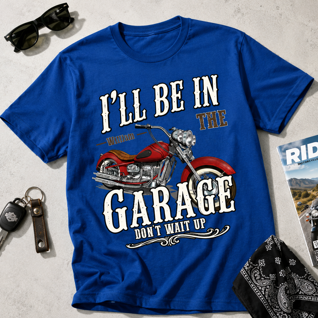 I'll Be In The Garage Vintage Motorcycle Biker Personalized T-Shirt | Funny Mechanic Dad Gift For Husband, Dad, Grandpa