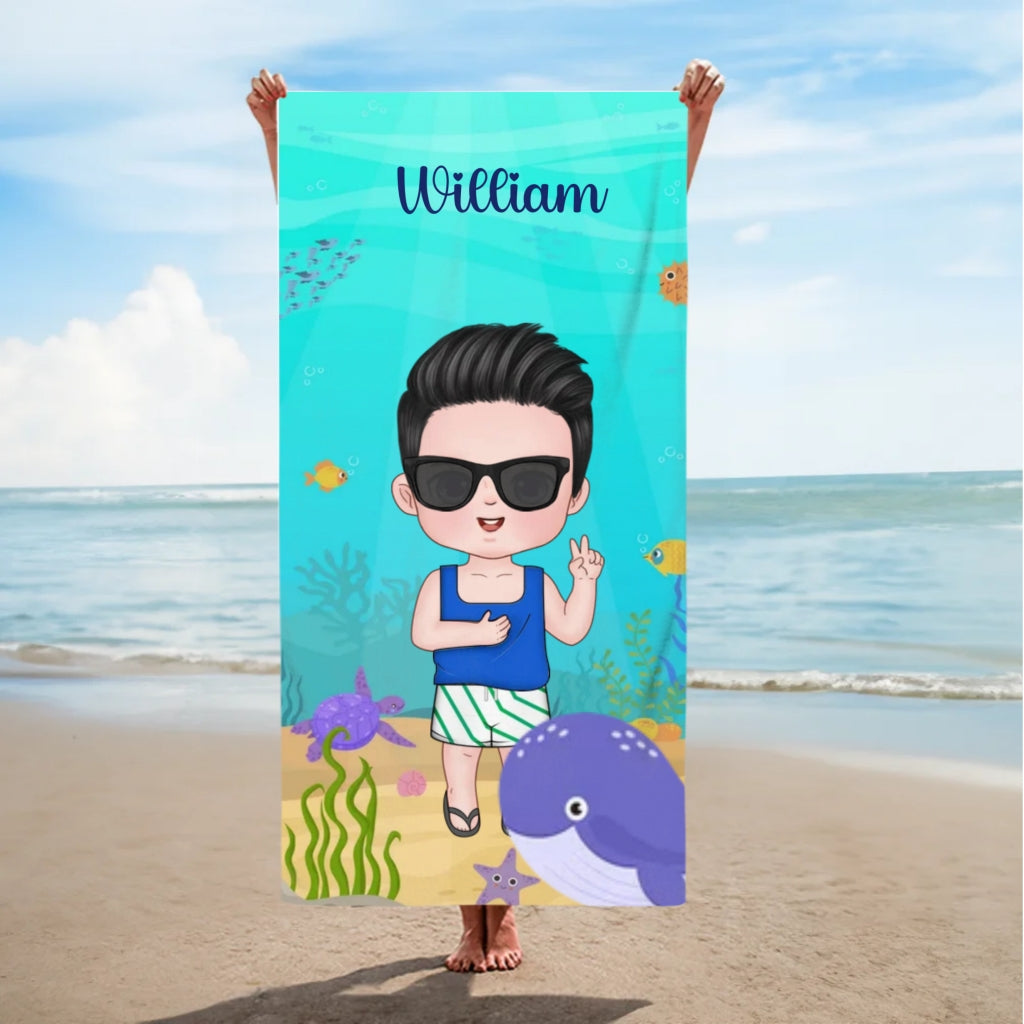 Personalized Cartoon Character Ocean Theme Quick-Dry Beach Towel with Name – Summer Vacation Birthday Gift for Boys and Girls