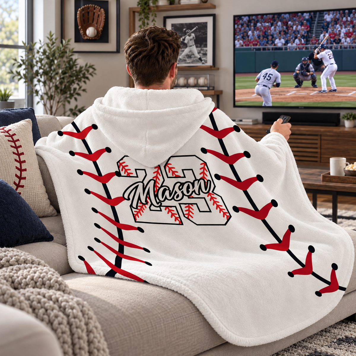 Personalized Sports Hooded Blanket, Custom Name & Number Sports Pattern Wearable Blanket, Gift for Athlete Sports Fan