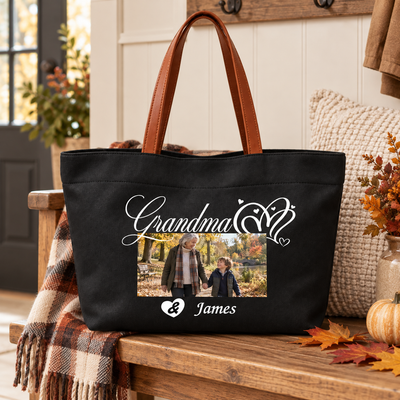Personalized Grandma Photo Tote Bag – Custom Photo & Name Canvas Shoulder Bag, Mother's Day & Birthday Gift for Grandma
