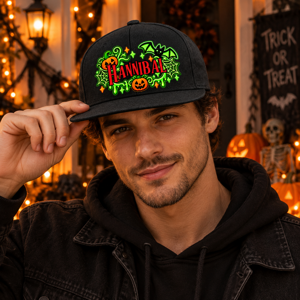 Personalized Halloween Snapback Hat, Custom Name Horror Themed Flat Bill Cap, Spooky Season Adjustable Hat Gift For Horror Fans