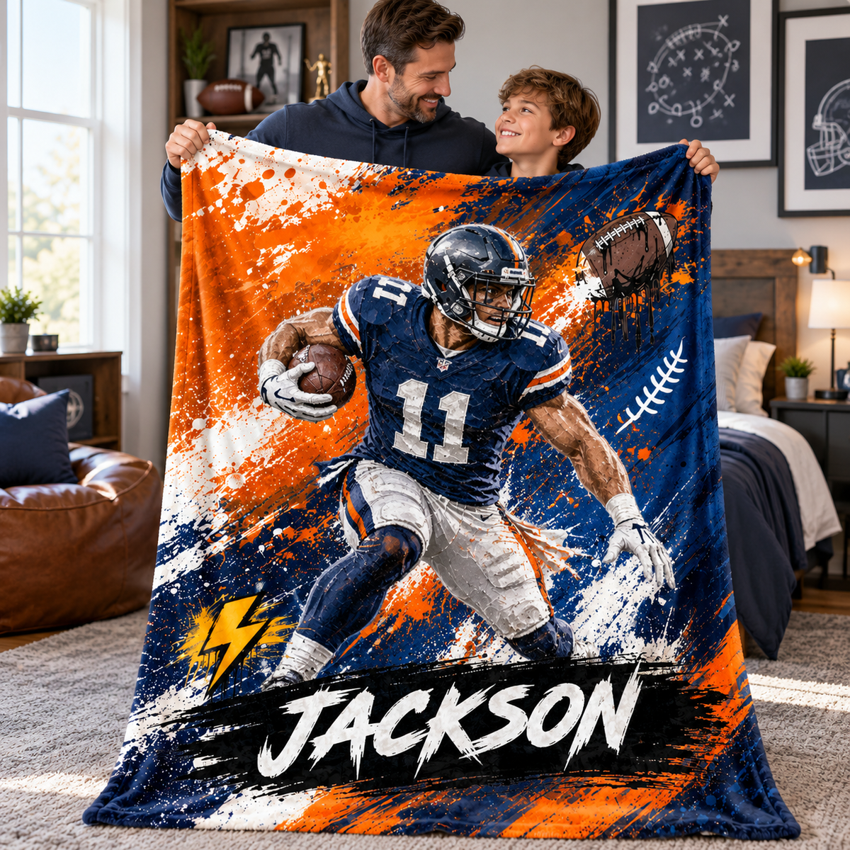 Personalized American Football Photo Blanket, Graffiti Oil Painting Style Soft Throw, Custom Name Gift for Player Lover