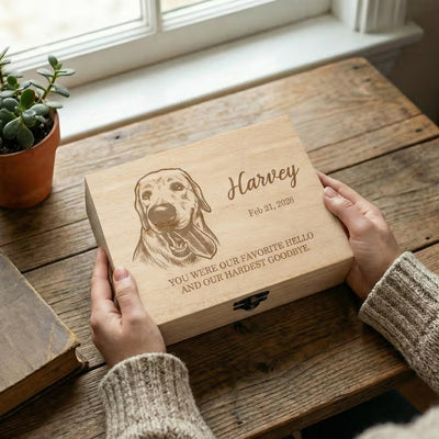 Personalized Engraved Pet Portrait Wooden Memory Storage Box with Name Text and Year Loss of Pet Memorial Gift for Pet Owner Lover