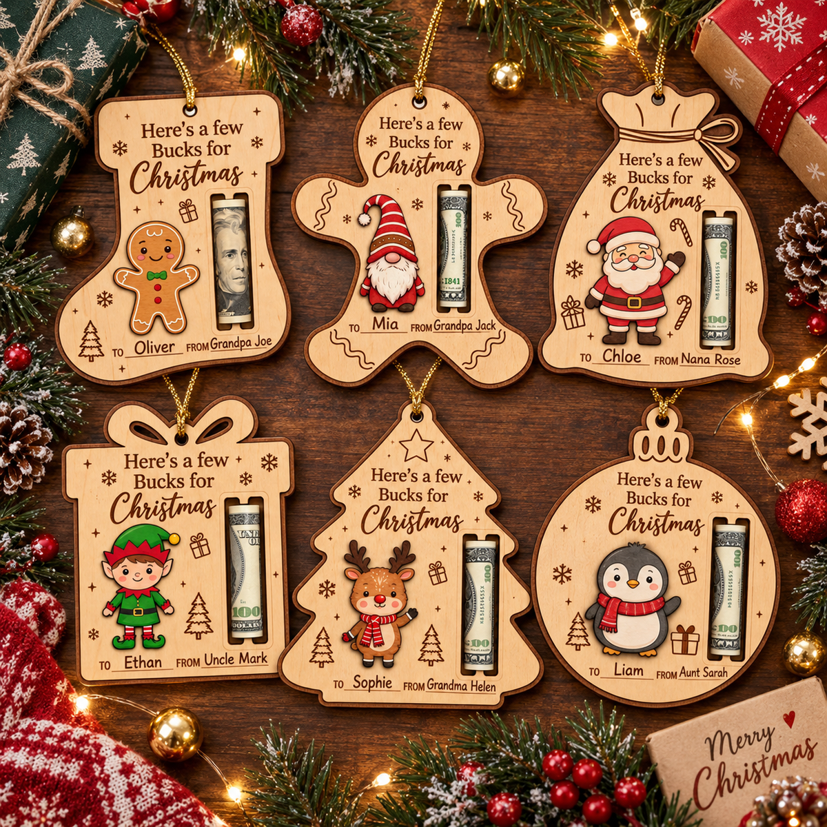 Personalized Christmas Money Holder Ornament – Custom Name Wooden Cash Gift Holder, Christmas Gift for Kids & Family