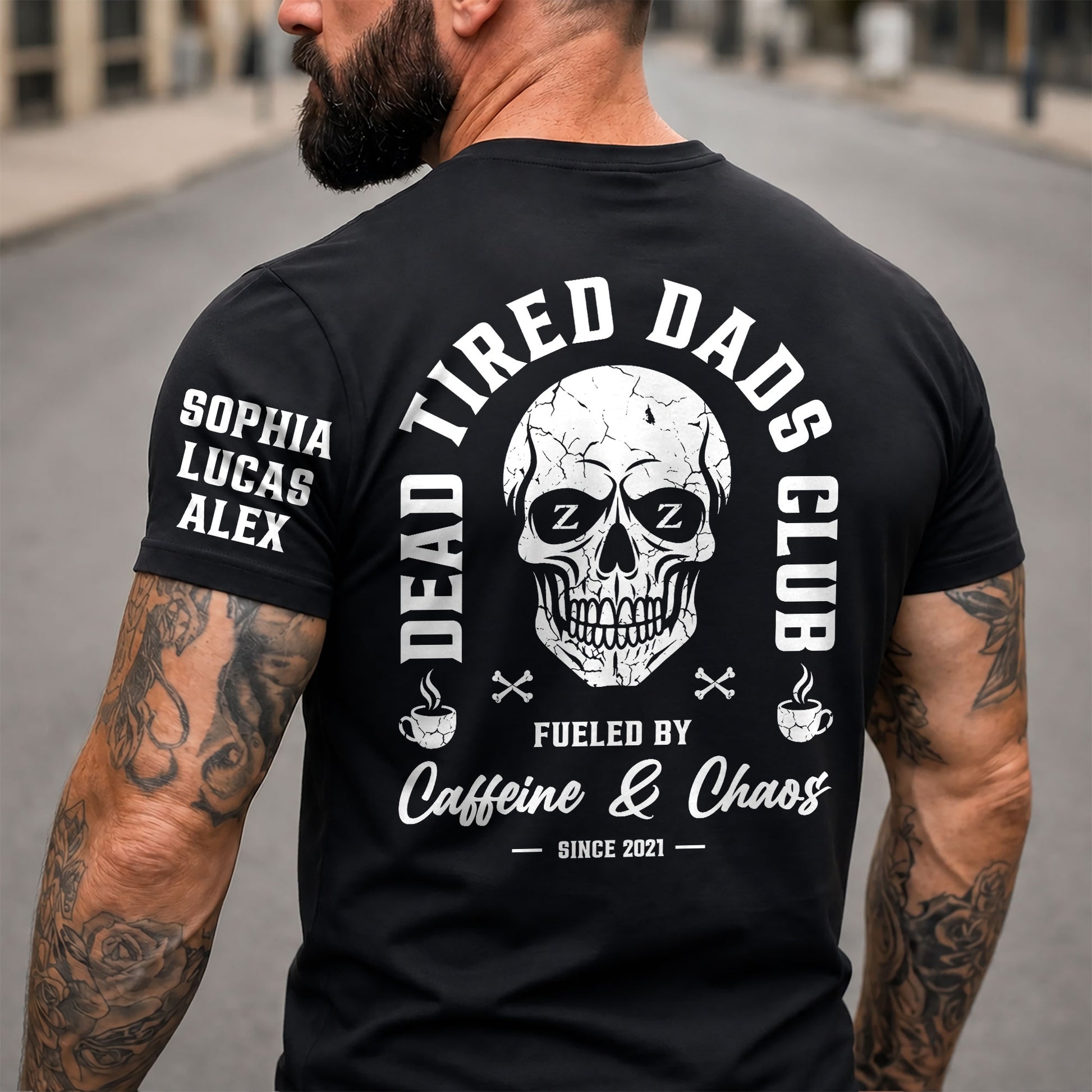 Dead Tired Dads Club - Funny Father's Day Gifts Custom Kids' Names On Sleeves - Personalized Shirt
