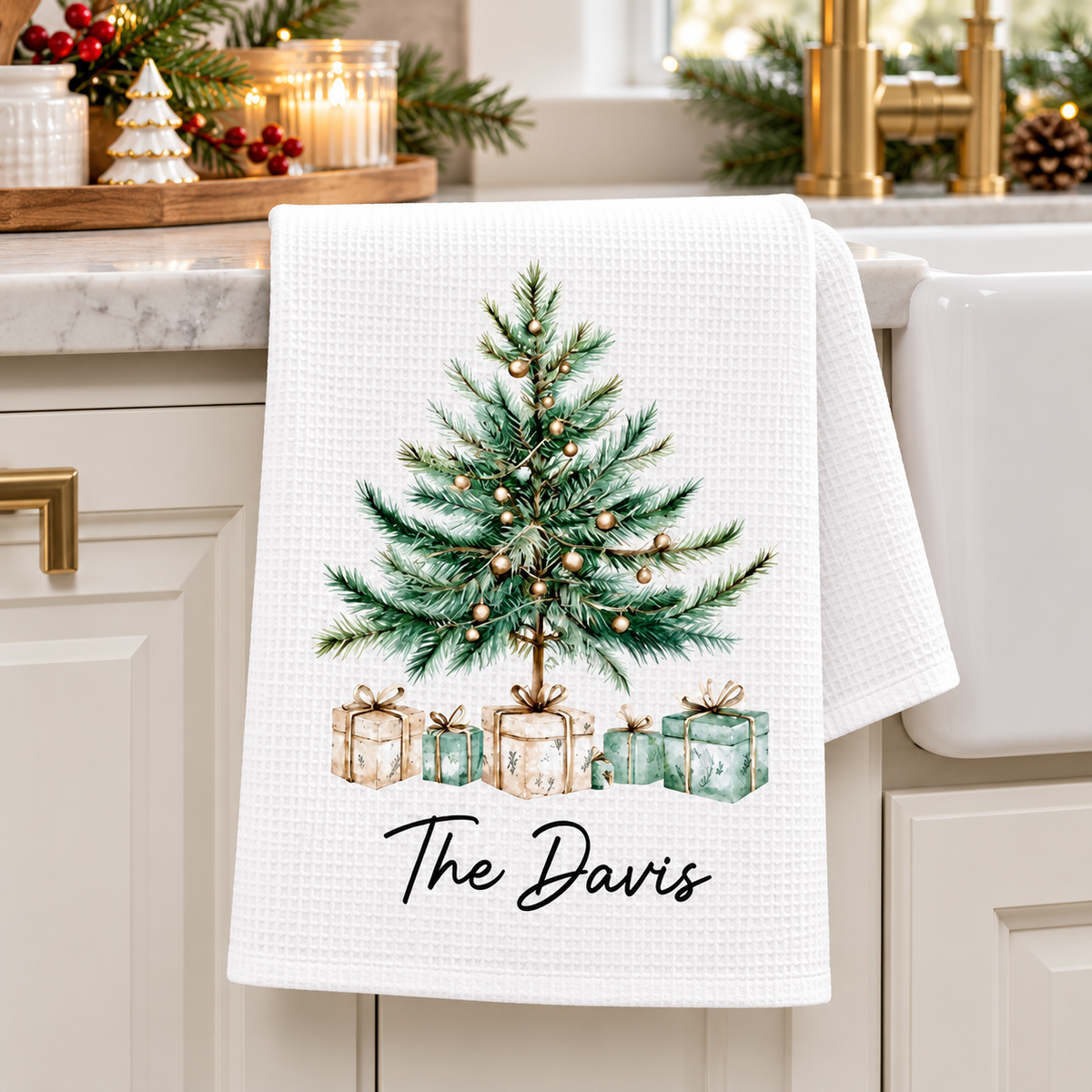 Personalized Christmas Kitchen Towel – Custom Family Name Tree Design, Holiday Kitchen Decor & Christmas Gift for Families