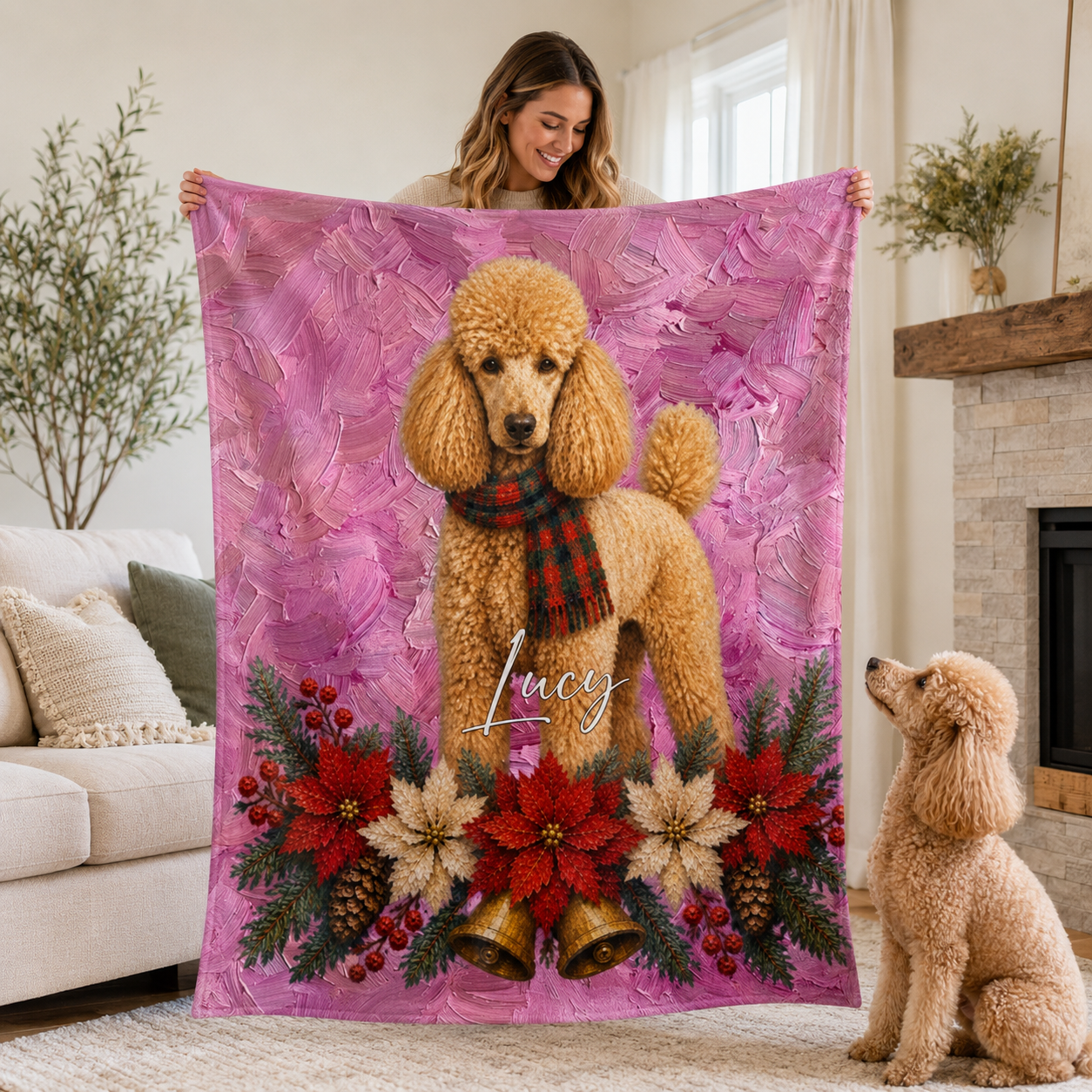 Personalized Pet Portrait Blanket – Custom Oil Painting Dog & Cat Photo with Scarf, Name & Christmas Floral Decor, Gift for Pet Lovers