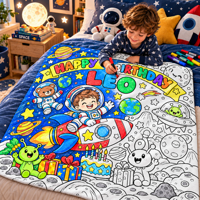 Custom Name Race Car Dinosaur Space Pirate Coloring Blanket, Personalized Kids Birthday Coloring Blanket with 24 Fabric Markers