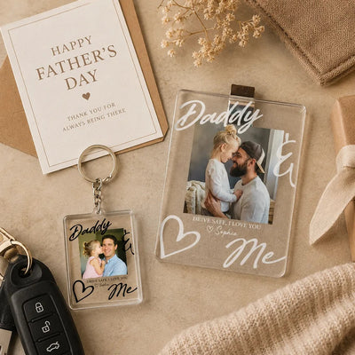 Personalized Father's Day Drive Safe Dad Car Visor Clip and Keychain Set – Custom Photo Gift from Daughter or Son