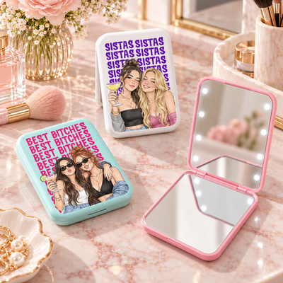 Custom Friendship Photo Compact Mirror, Personalized Best Friend Portrait Keepsake, Travel Makeup Mirror, Birthday Gift for Sister & Besties