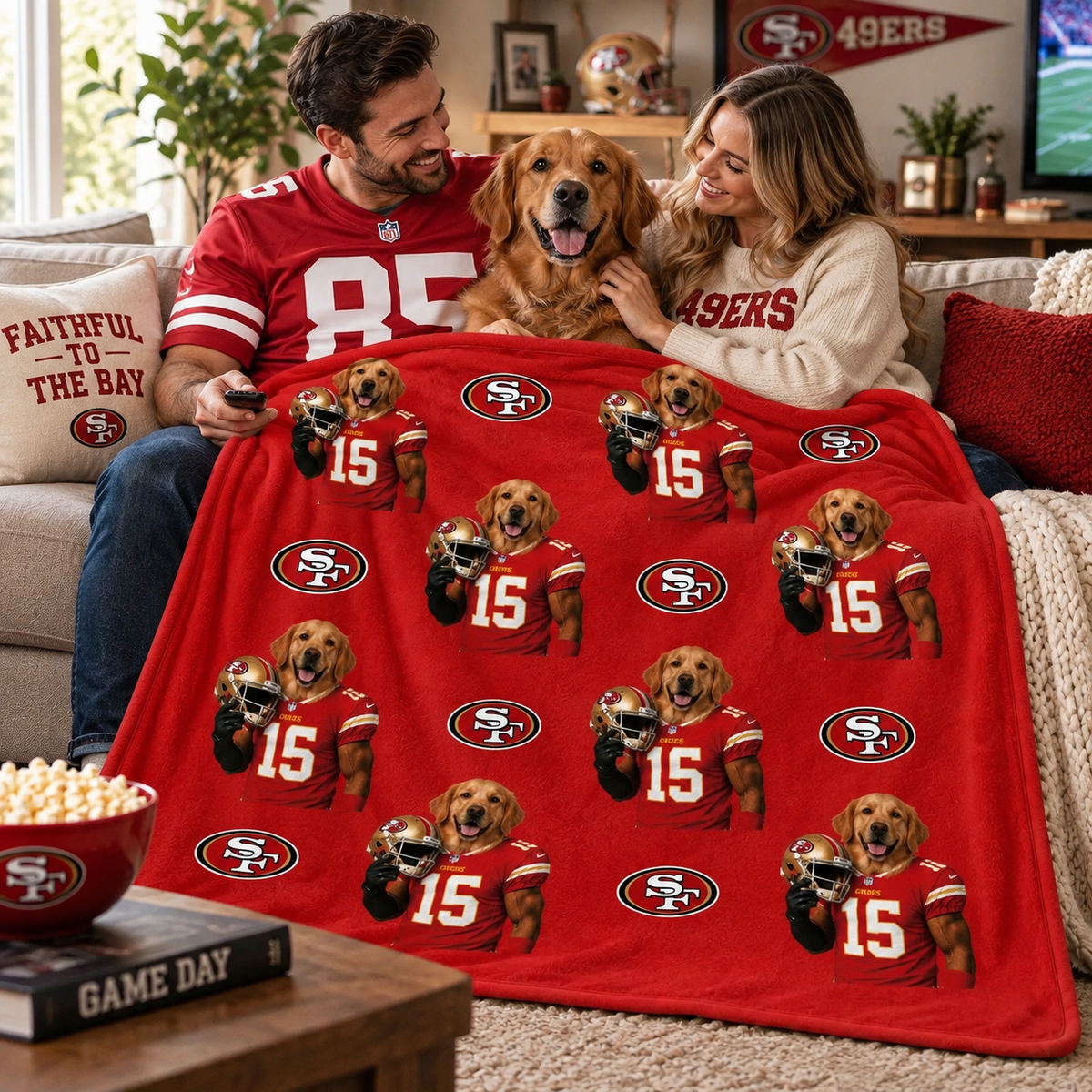 Personalized Pet Football Player Fleece Throw Blanket, Custom Dog Cat Portrait Sports Team Blanket, Game Day Home Decor Gift For Football Fans & Pet Lovers