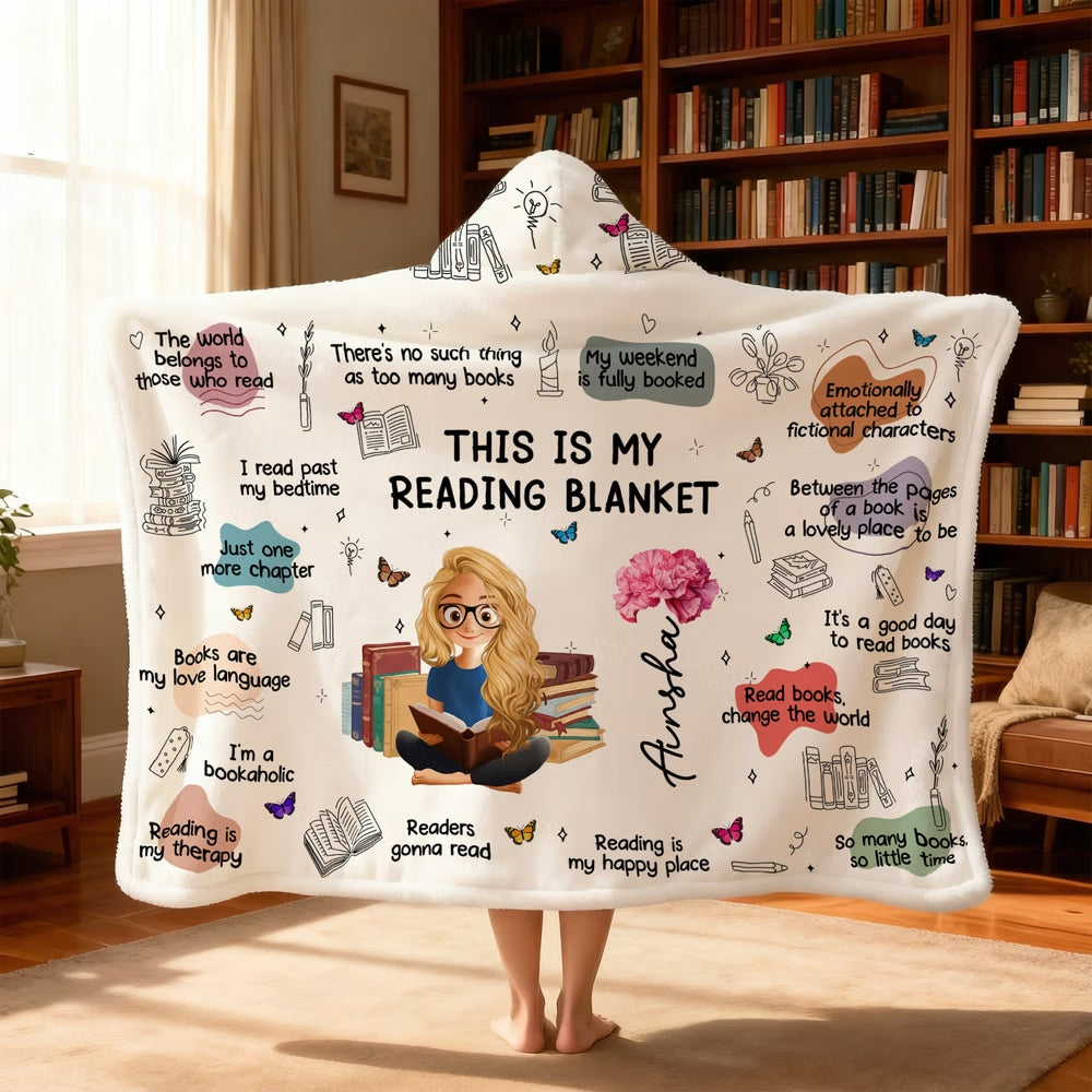 Personalized Birth Flower Cartoon Reading Girl Soft Throw Hooded Blanket with Name Birthday Gift for Librarians Book Lovers