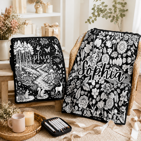 Personalized Black Aesthetic Custom Name Blanket | Woodland Forest & Floral Sunflower DIY Colorable Blanket