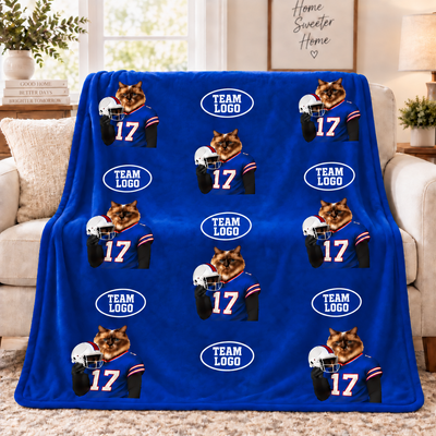 Personalized Pet Football Player Fleece Throw Blanket, Custom Dog Cat Portrait Sports Team Blanket, Game Day Home Decor Gift For Football Fans & Pet Lovers
