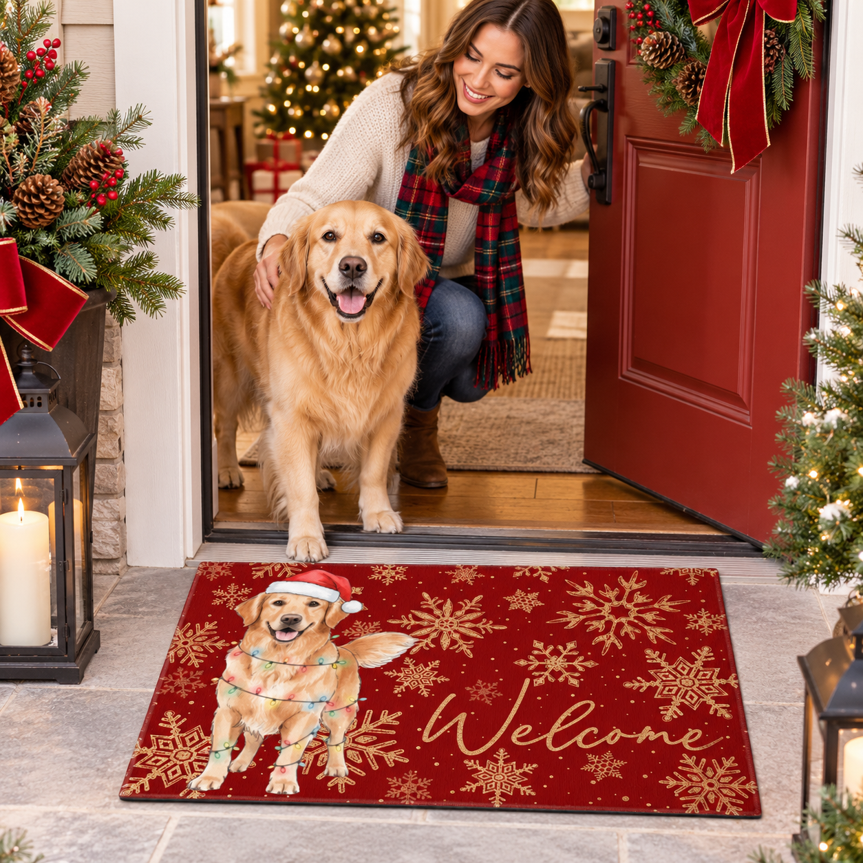 Custom Pet Portrait Watercolor Art Snowflake Christmas - Personalized Doormat