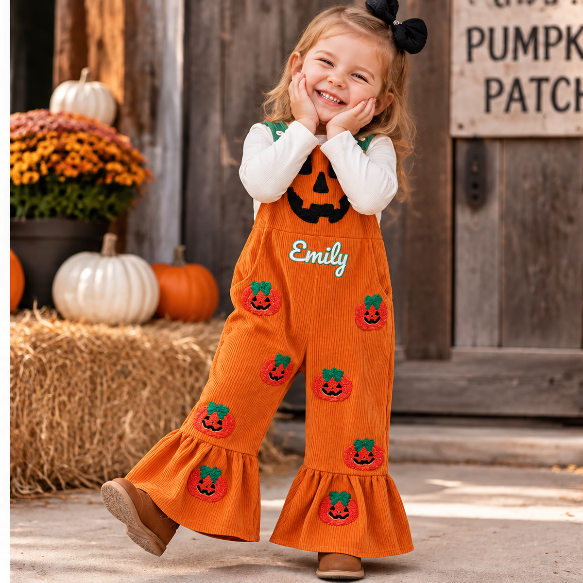 Personalized Toddler Baby Halloween Overalls, Custom Name Sleeveless Ribbed Jumpsuit with Pockets, Pumpkin & Devil Face Pattern Baby Costume Gift For Halloween Party