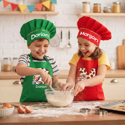 Personalized Cute Highland Cow Initial Kids Apron and Hat Set with Name Baking Party Birthday Gift for Boys Girls