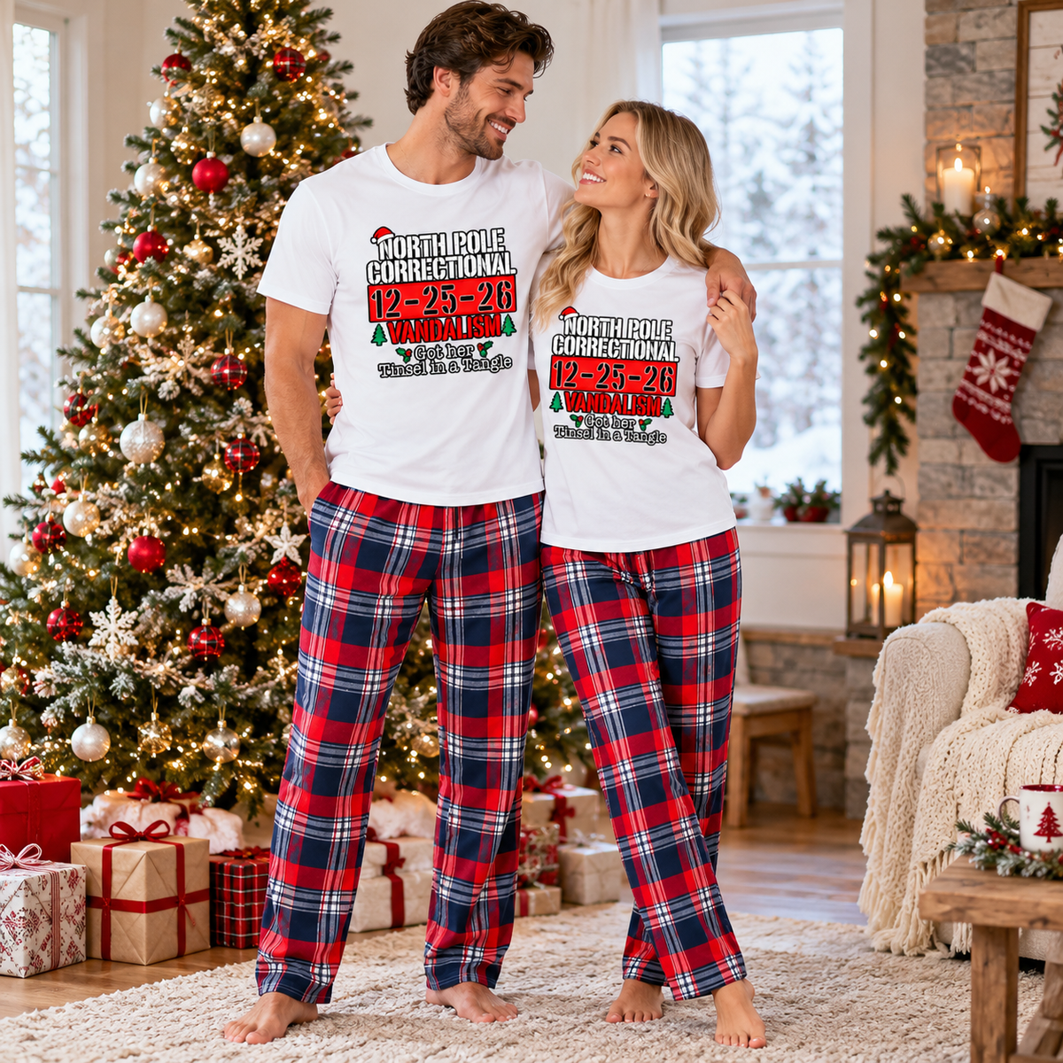 North Pole Correctional Christmas Pajama Set, Custom Funny Matching Short Sleeve Plaid PJs, Family Holiday Sleepwear