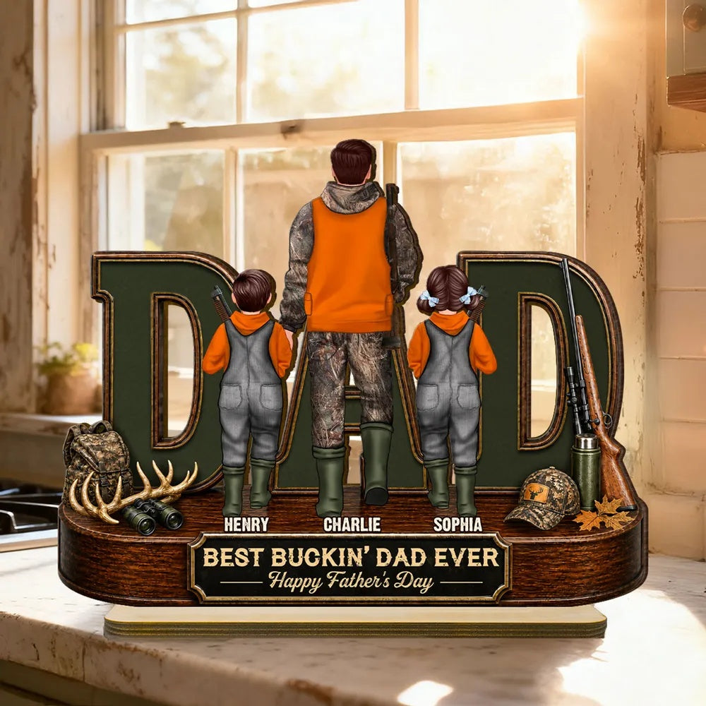 Hunting Dad Best Buckin' Dad Ever - Personalized 2-Layered Wooden Plaque - Father's Day Gift For Hunting Dad