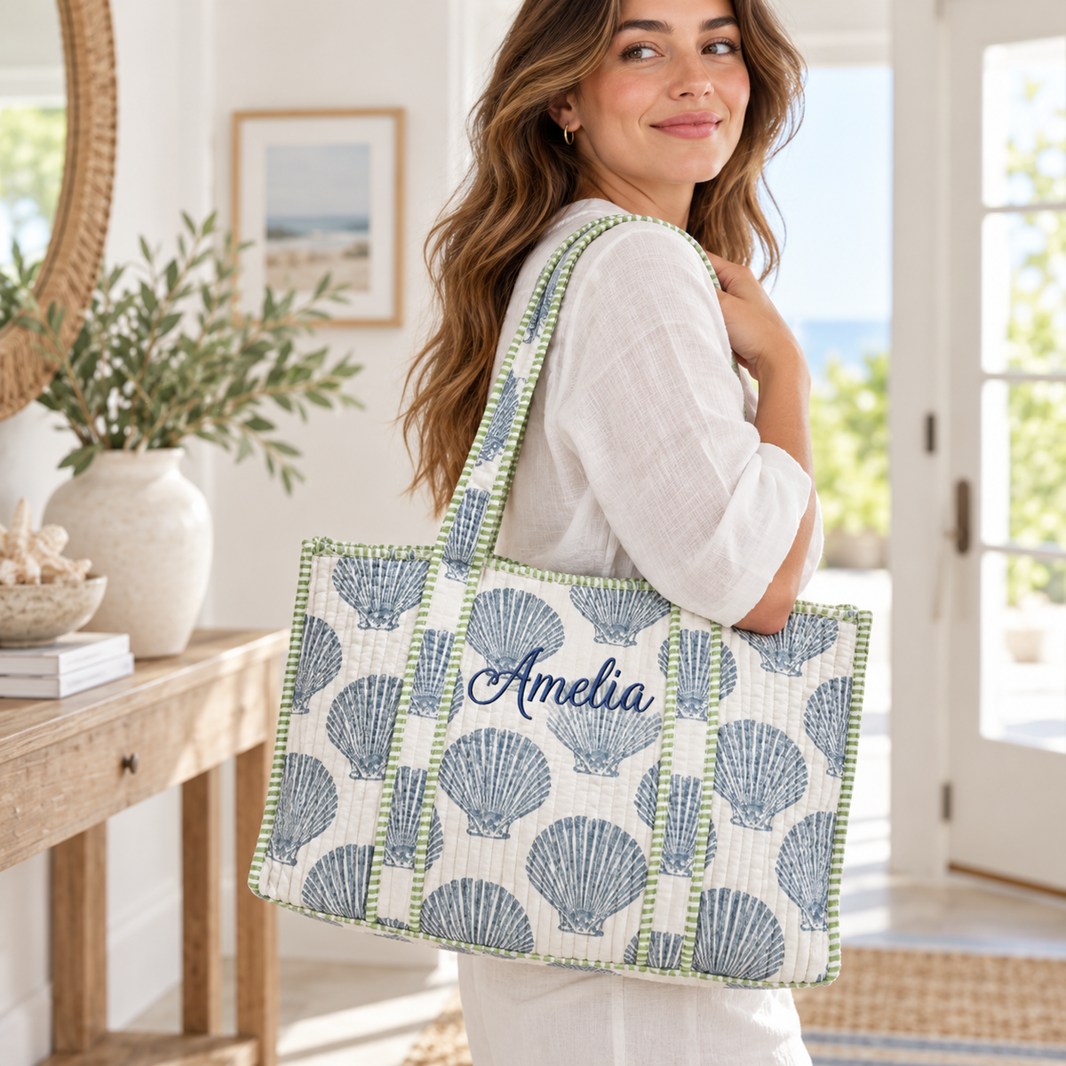 Personalized Floral Block Print Quilted Tote, Custom Name Cotton Beach Bag Gift for Women