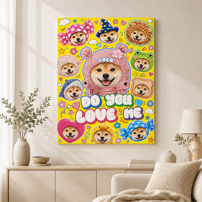 Personalized Colorful Pet Collage Canvas Wall Art, Custom Name Cute Pet Wearing Assorted Funny Hats Poster Print, Playful Home Decoration Gift for Pet Lovers