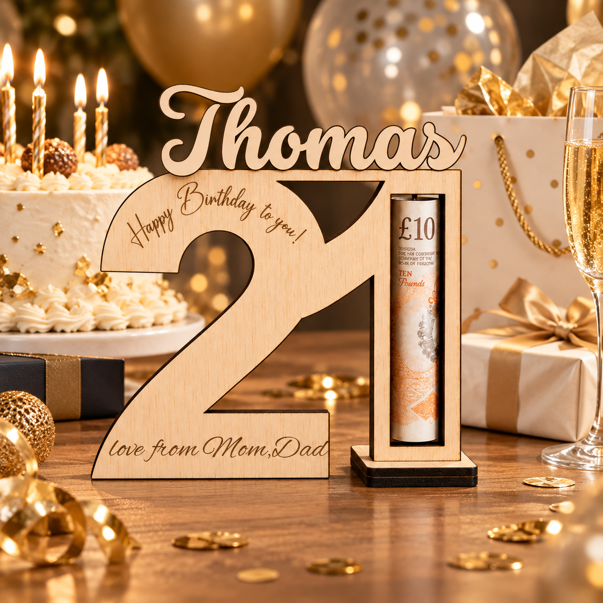 Personalized Birthday Money Holder, Custom Age Number & Name Engraved Wooden Keepsake, Birthday Gift for Teens, Daughters & Sons