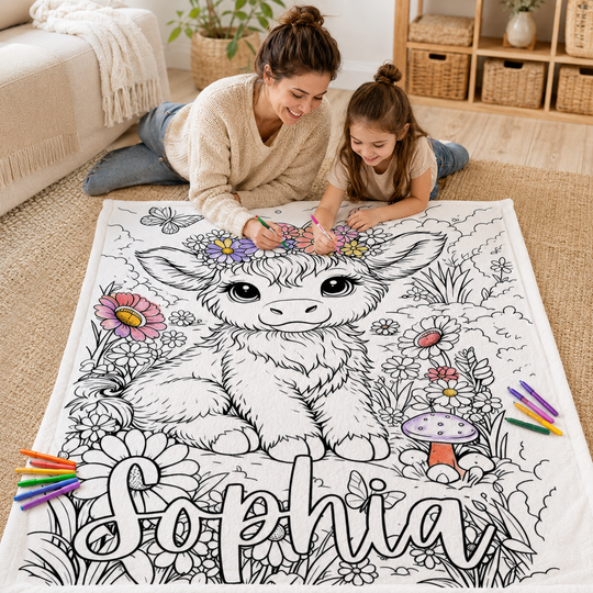 Personalized Highland Cow Coloring Blanket | Custom Girl Name Floral Daisy DIY Colorable Blanket