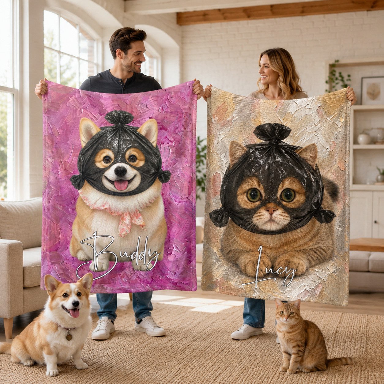Personalized Funny Pet Blanket, Custom Name Plastic Bag Head Pet Flannel Fleece Blanket, Humorous Pet Home Decor Gift for Pet Lovers